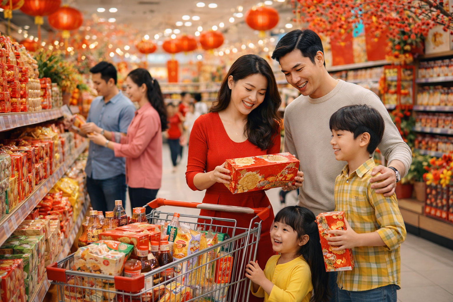 Người tiêu dùng Việt Nam mua sắm Tết 2026 tại siêu thị với không khí lễ hội